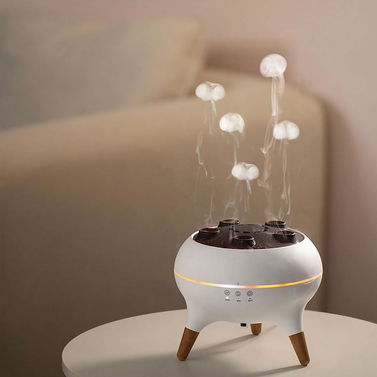 Orbalux jellyfish-shaped humidifier creating a relaxing mist at night